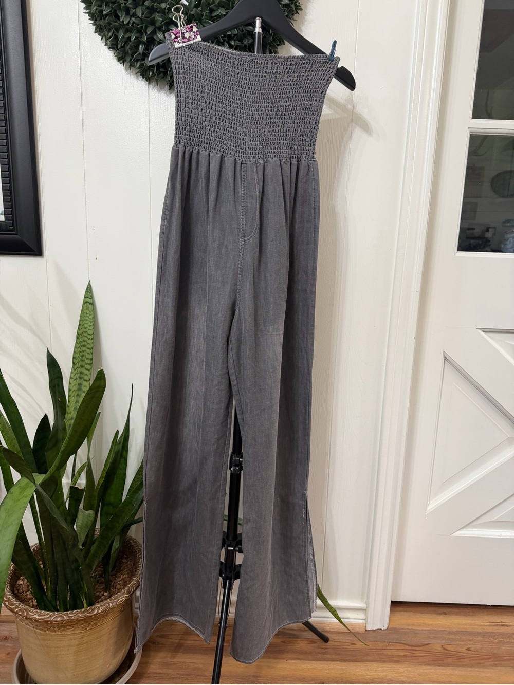 Chambray Denim Distressed Strapless Jumpsuit